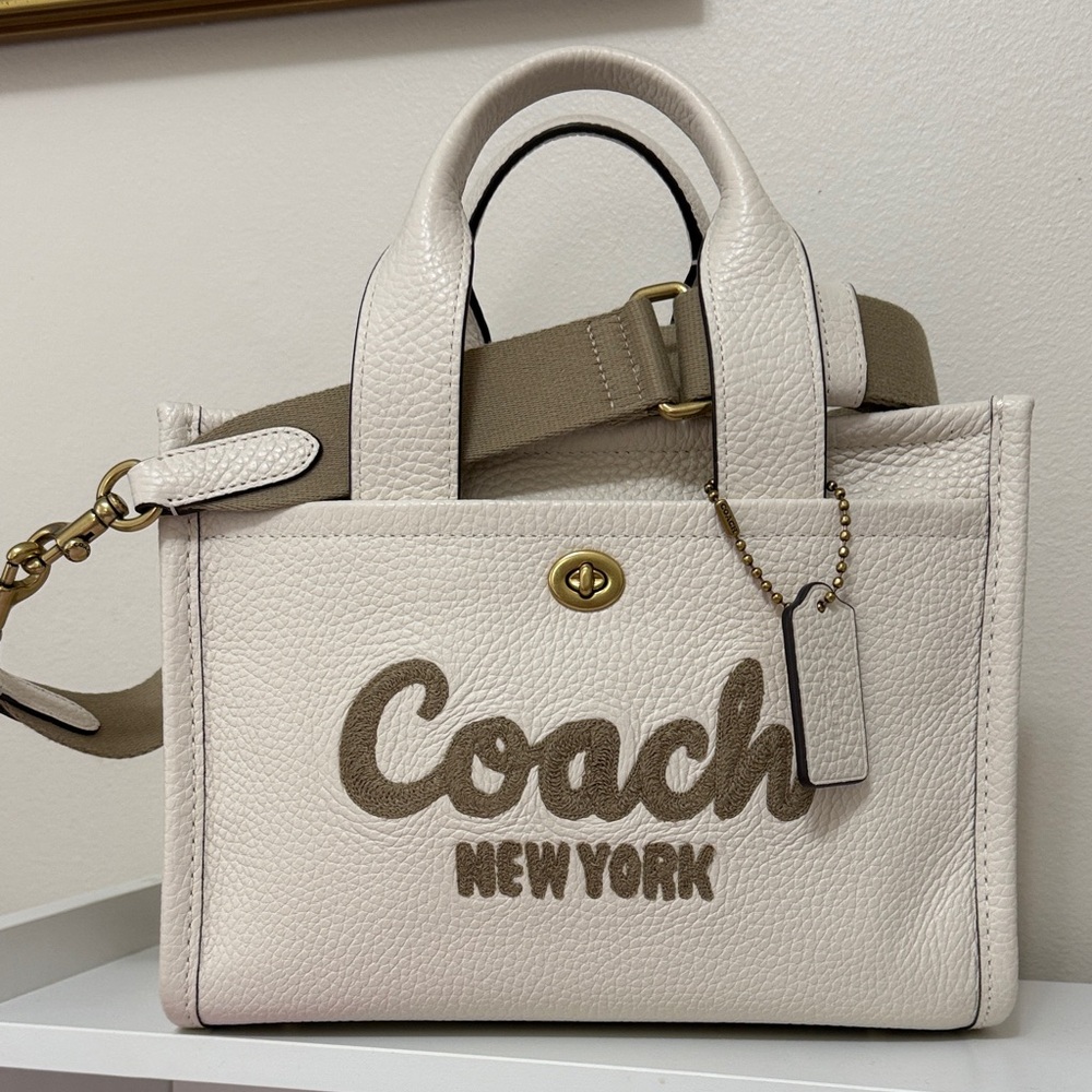 Coach White Pebbled Leather Tote with Taupe Logo and Trim
